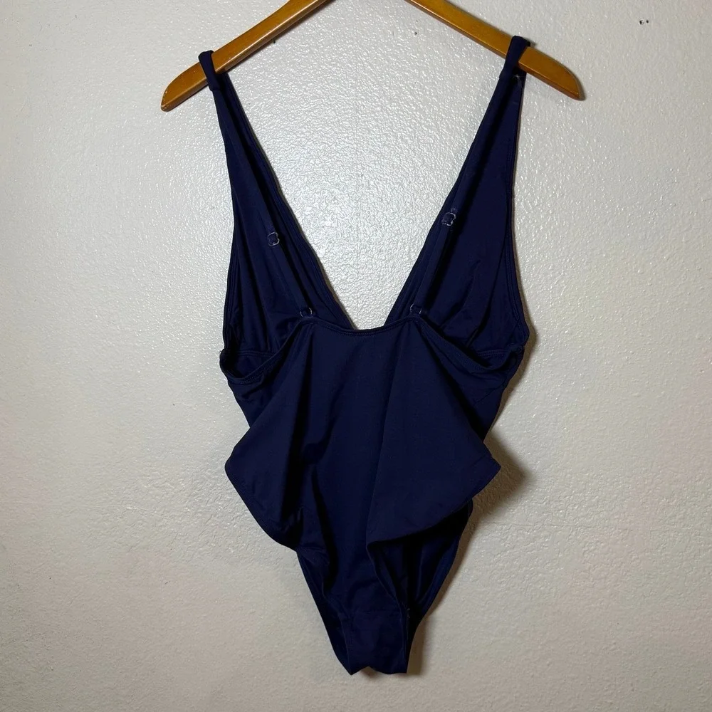 Andie Women One Piece Swimsuit Large‎ Navy Blue Deep V Neck Minimalist Coastal